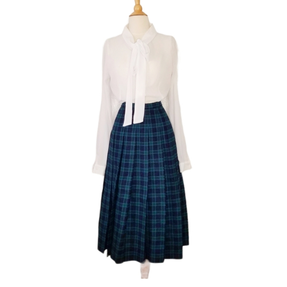 VINTAGE PENDLETON MIDI PLAID BLUE GREEN PLEATED SK